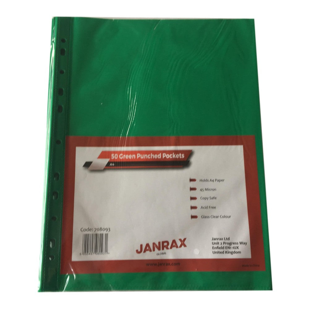 Janrax Pack Of 50 A4 Green Clear Punched Pockets – 45 Micron, Acid Free, Top Opening, Reinforced Strip - View #5