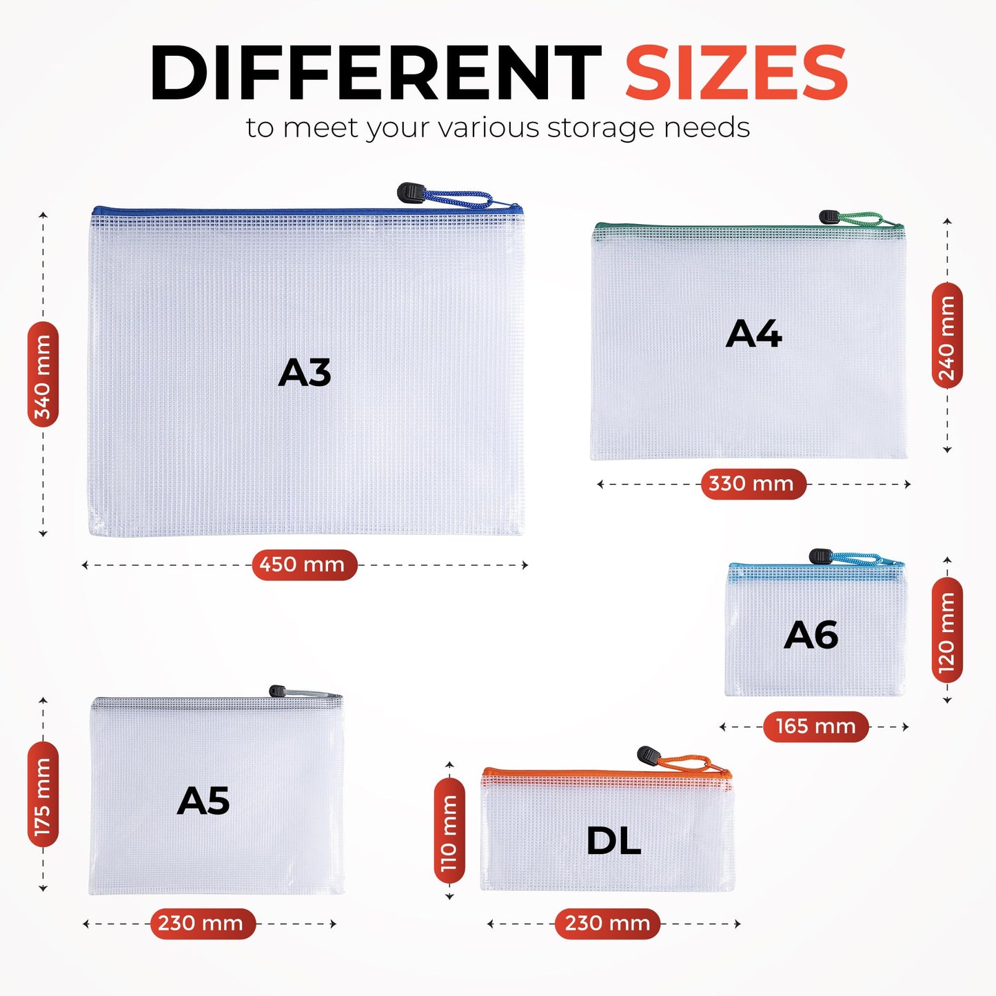 Pack of 10 A3 Assorted PVC Mesh Coloured Zip Bags