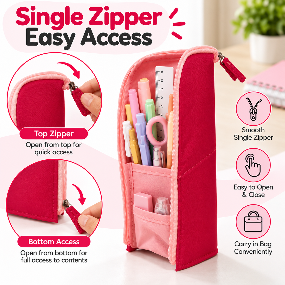 Pack of 12 Pink Standing Zip Pencil Cases 19.5 x 5 x 9cm
