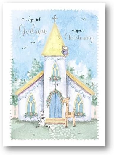 Church, Animals and Sentiment Verse Special Godson Christening Congratulations Card