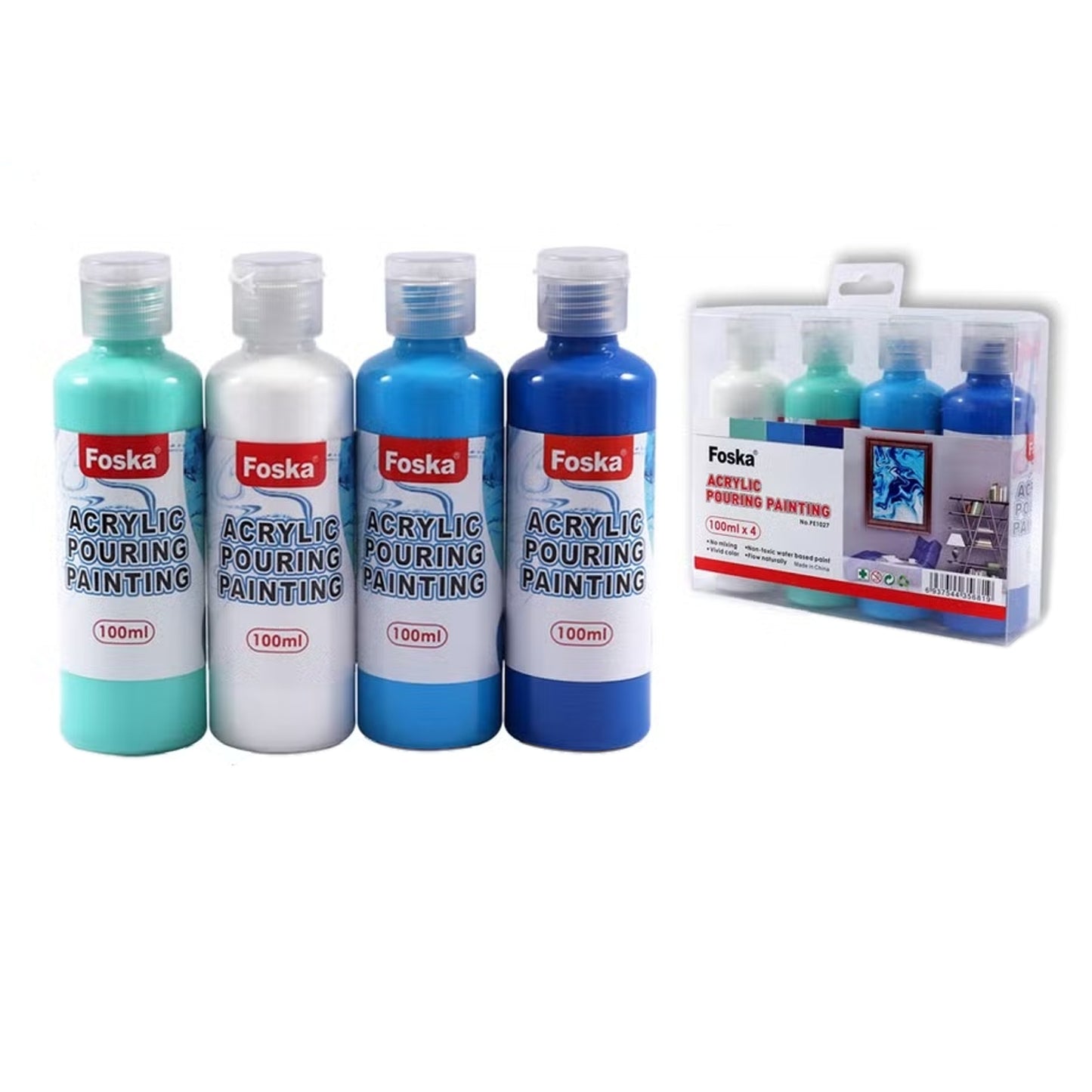 Pack of 4 Acrylic Pouring Paints 100ml- White, Green, Light Blue, Dark Blue