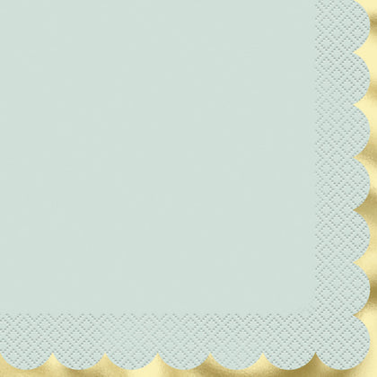 Pack of 16 Scalloped Gold & Light Blue Luncheon Napkins with Foil Stamping