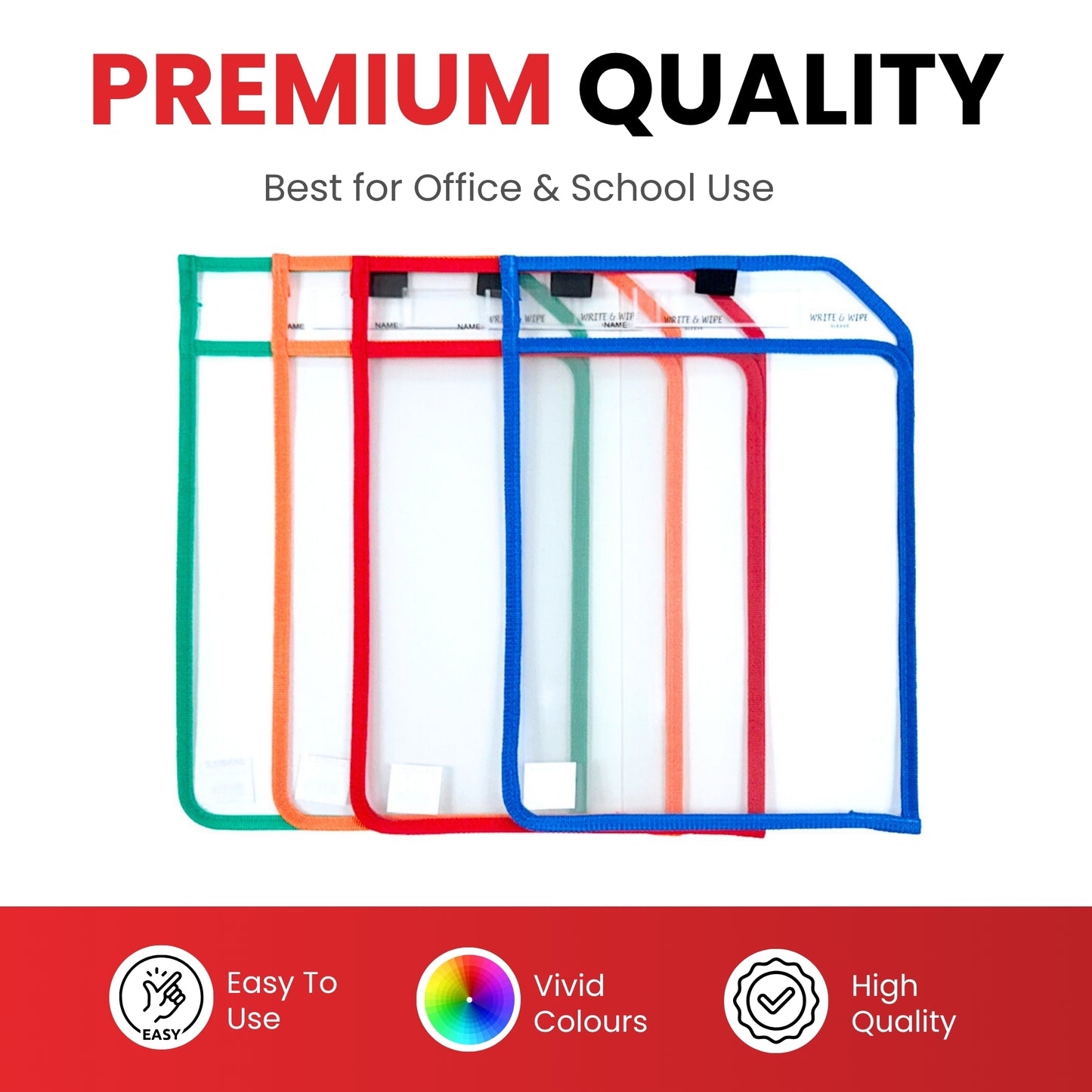 Pack of 8 Blue Edge Clear Dry Erase Write and Wipe Reusable Sleeve Pockets