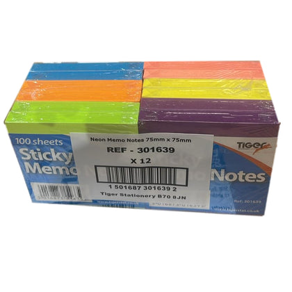 Pack of 12 Neon Bright Sticky Memo Notes 75 x 75mm, Per Pack 1200 Sheets