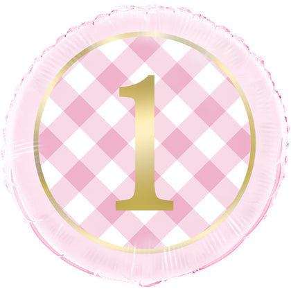 Pink Gingham 1st Birthday Round Foil Balloon 18