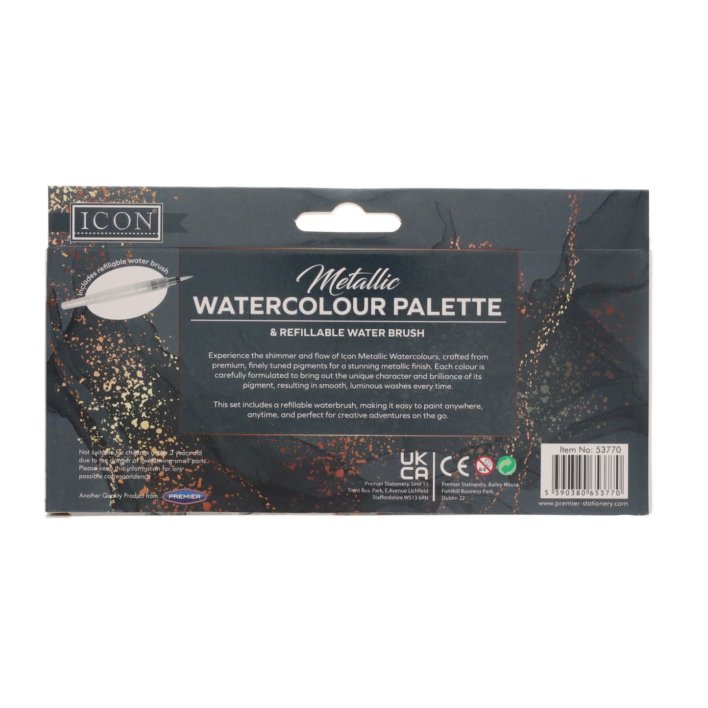 Pack of 6 Metallic Watercolour in Palette & Refillable Water Brush by Icon