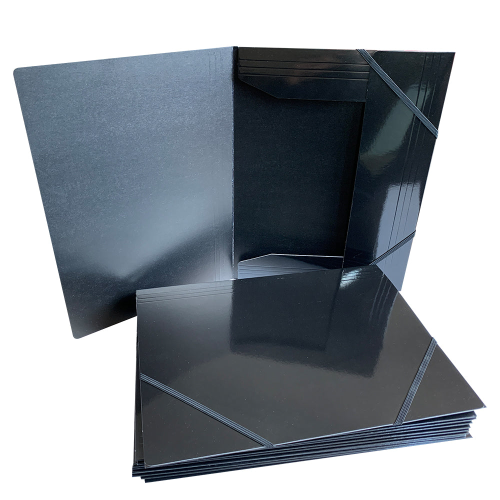 Pack of 12 Janrax A4 Black Laminated Card 3 Flap Folders with Elastic Closure