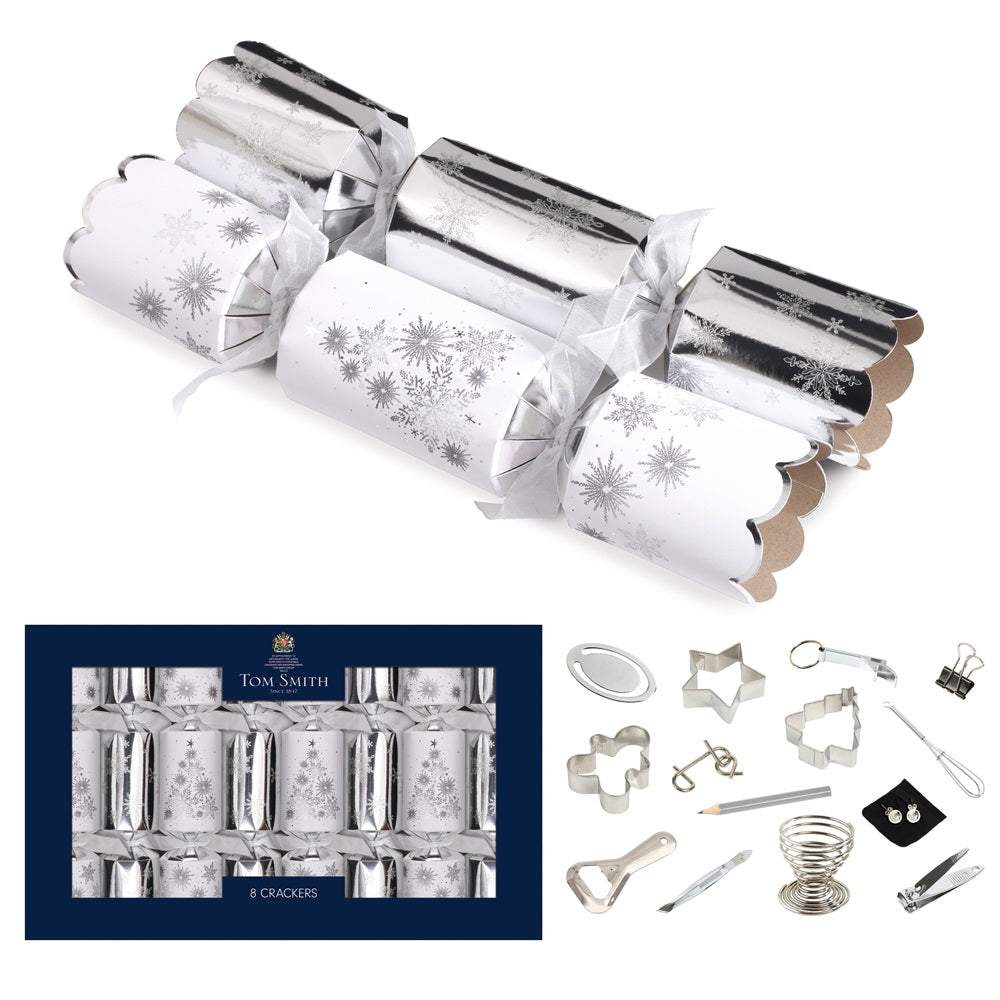 Pack of 8 14" Silver And White Deluxe Christmas Dinner Crackers