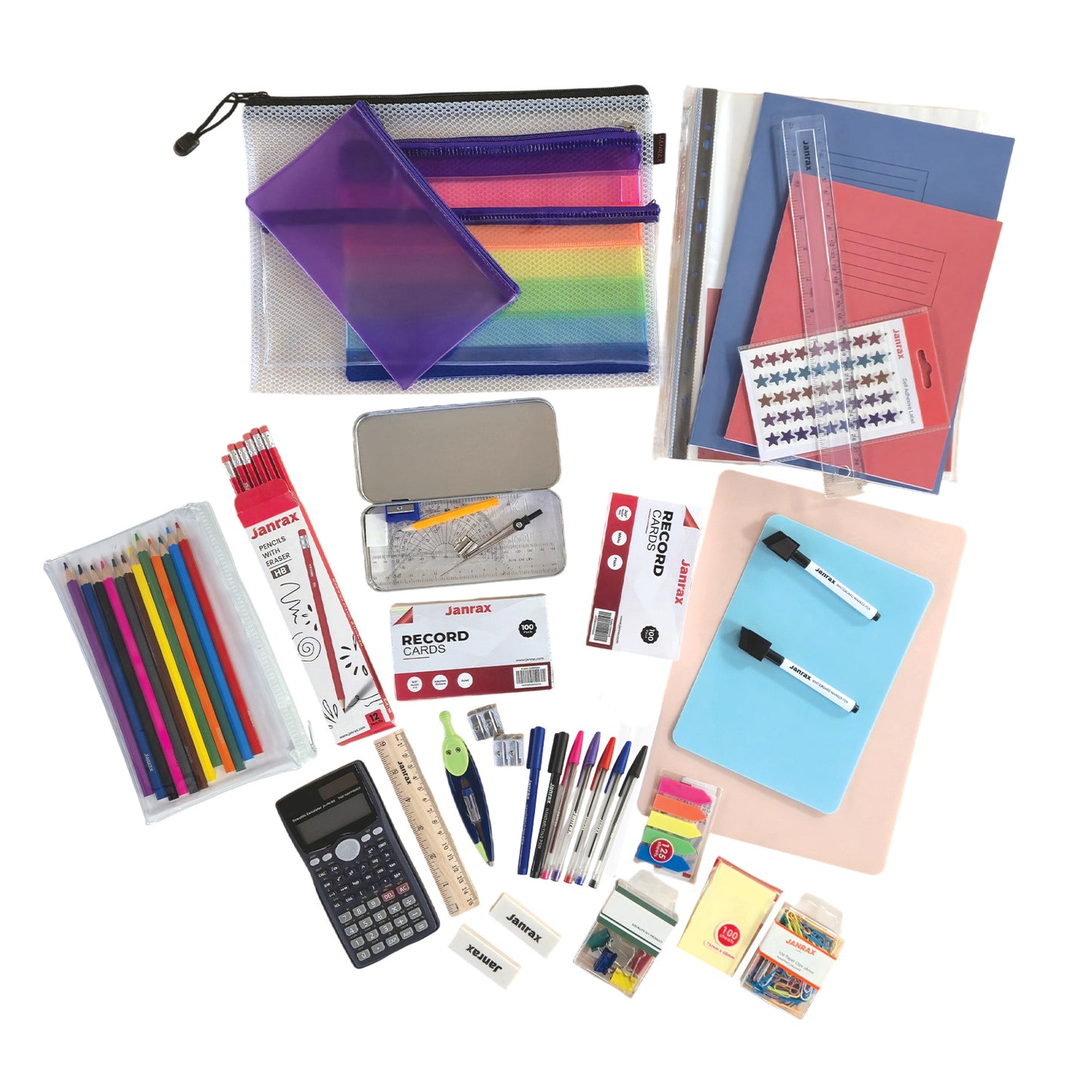Janrax 46 Piece Complete School Stationery Set, Student Supplies Kit with Pencil Cases, Exercise Books & Study Essentials