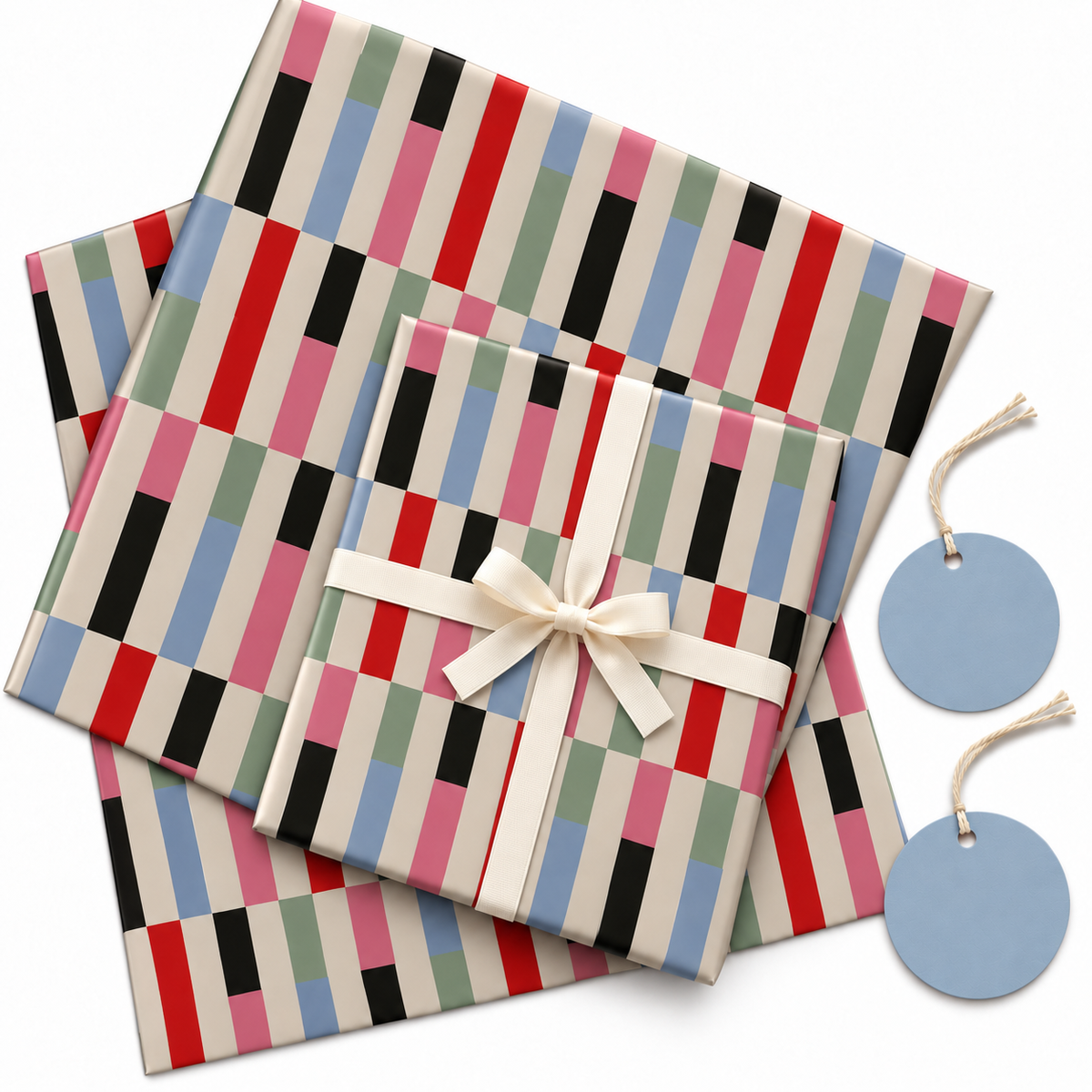 Pack of 2 Confetti Collumns Design 50 x 70 cm Gift Wrap Sheets with 2 Tags - Christmas Birthdays Kids Party Holiday Gifting