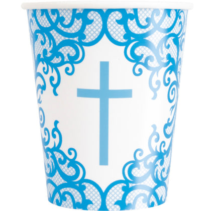 Pack of 8 Fancy Blue Cross 9oz Paper Cups