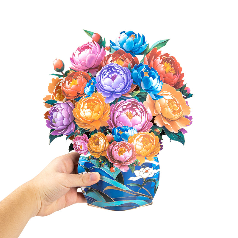 Colorful Grace Peony Bouquet in Blue Vase 3D Pop Up Card