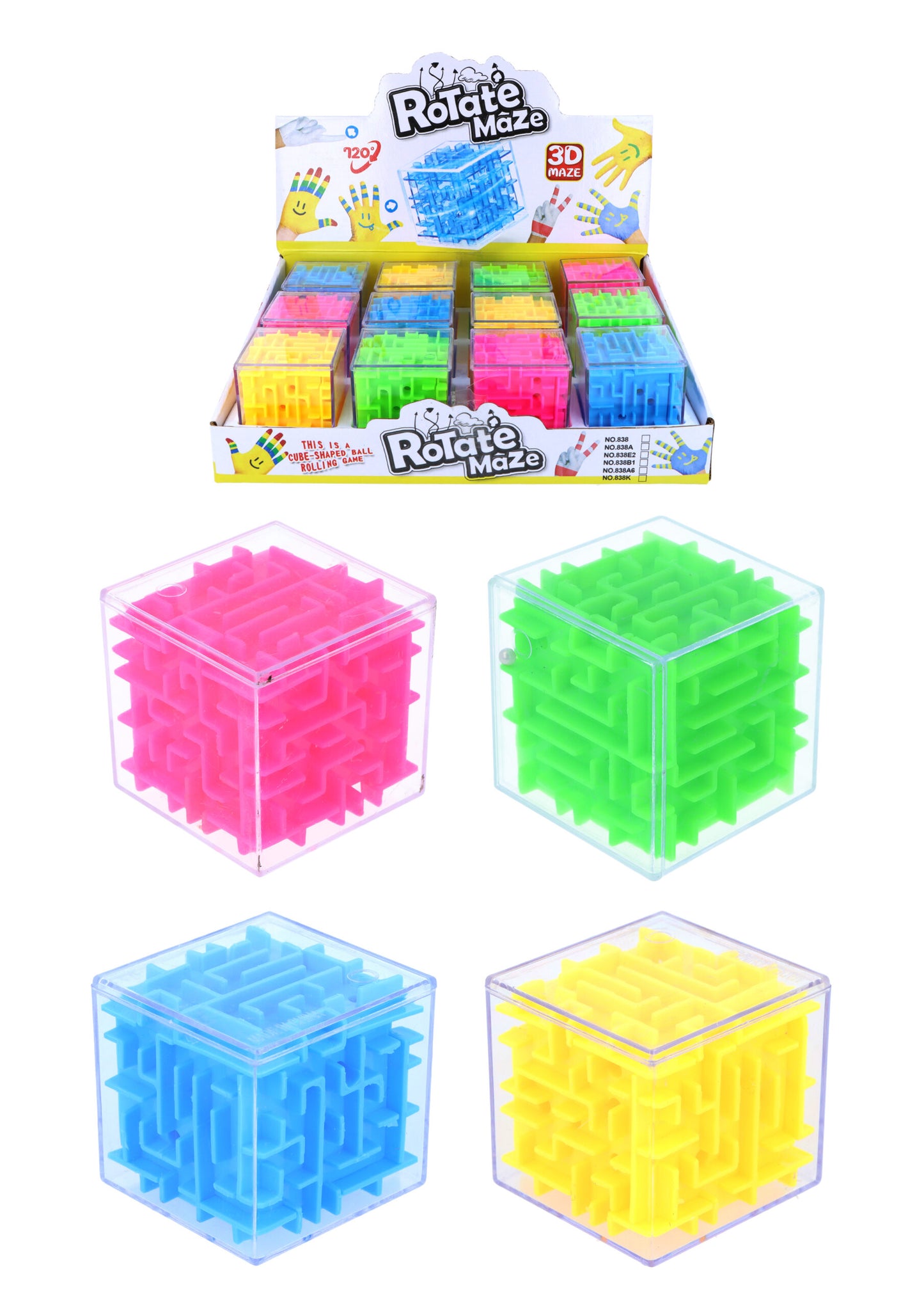 Pack of 12 Neon 3D Puzzle Maze Cubes (5.3cm) - Brain Teaser Toys for Kids, Party Favours, Loot Bag Fillers, Classroom Rewards & Fidget Fun