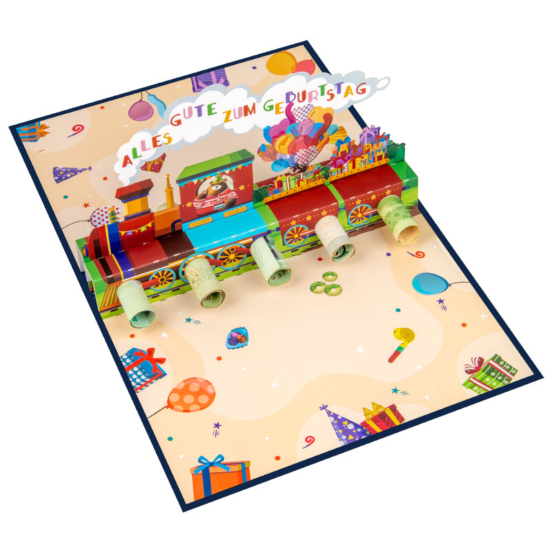 Birthday Train Adventure German Pop Up Greeting Card with Gift Pockets