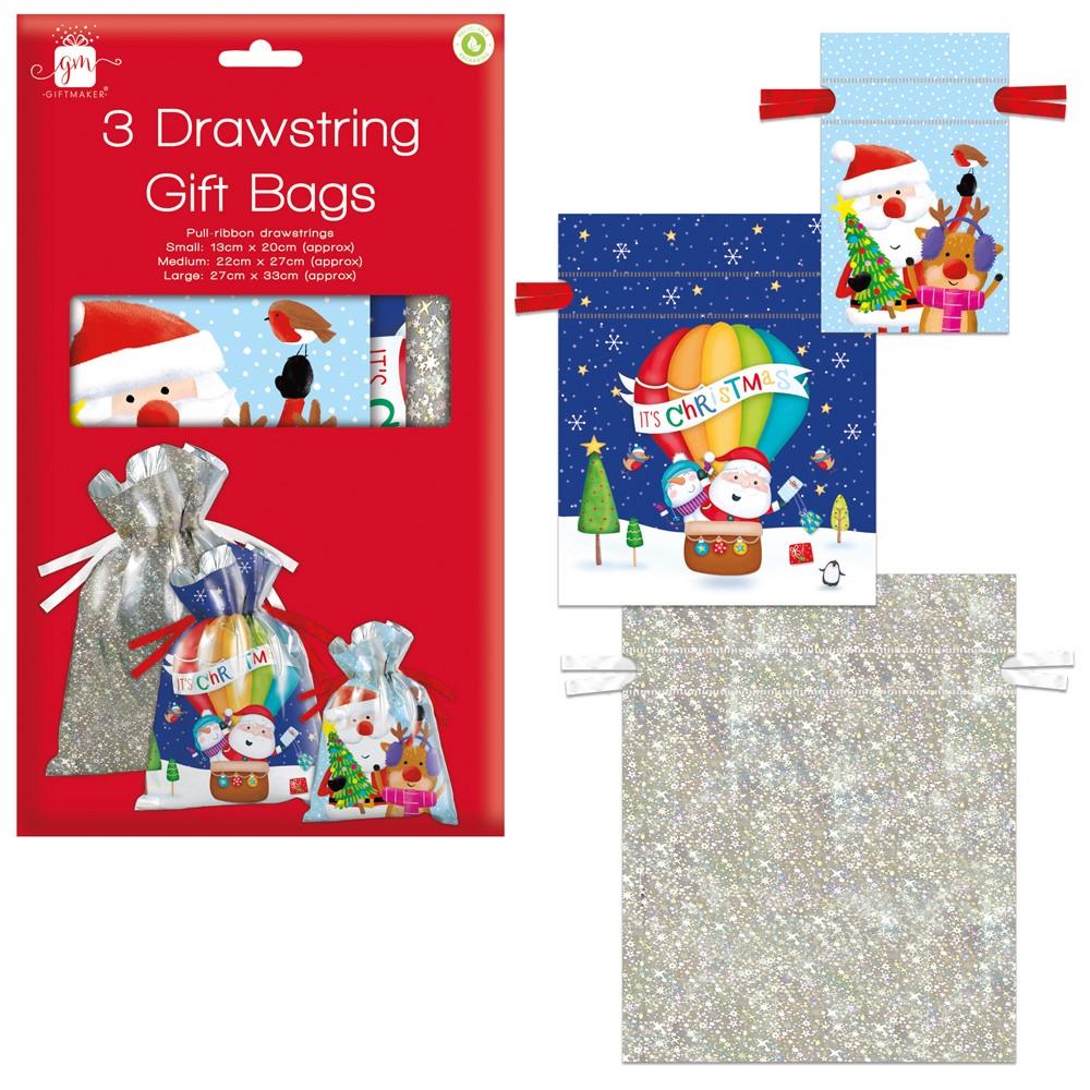 Pack of 3 Assorted Christmas Drawstring Gift Sacks - Small, Medium & Large