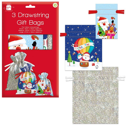 Pack of 3 Assorted Christmas Drawstring Gift Sacks - Small, Medium & Large