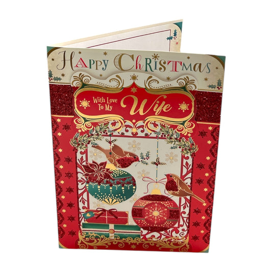 With Love To My Wife Birds On Baubles Design Christmas Card