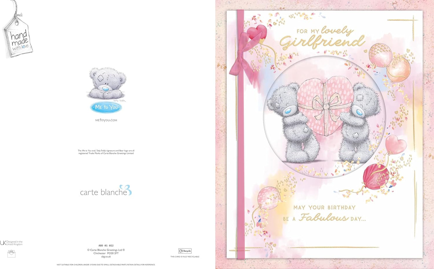 Bears Hold A Pink Wrapped Heart Boxed Handmade Girlfriend Birthday Card