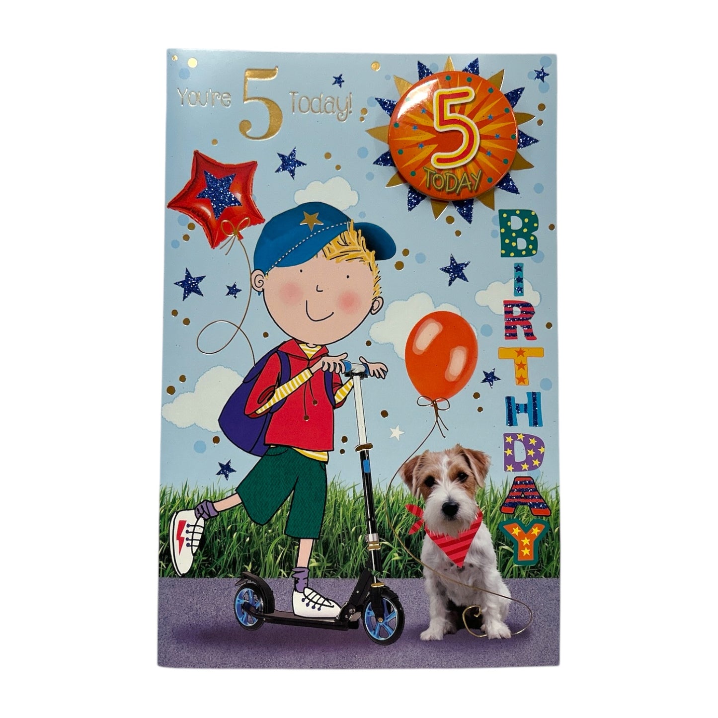 Age 05 Boy Riding A Scooter Juvenile Birthday Card With Badge