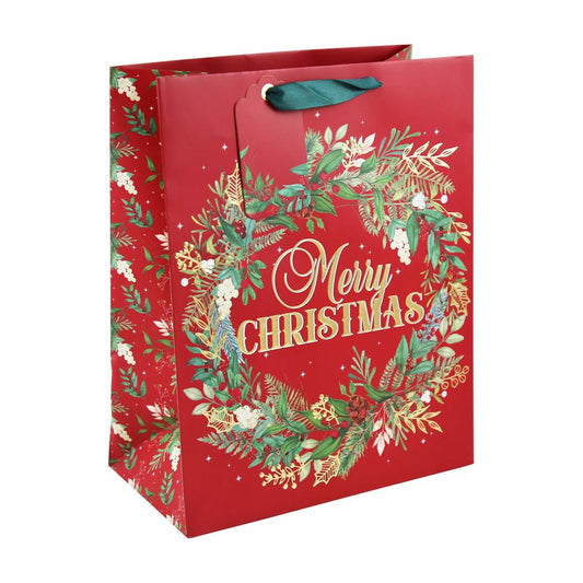 Merry Christmas Wreath Embossed Large Red Gift Bag
