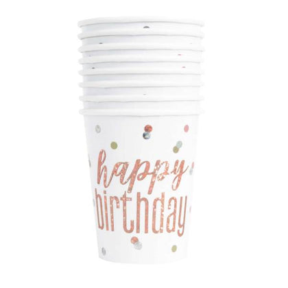 Pack of 8 Birthday Glitz Rose Gold Prismatic Foil 9oz Paper Cups