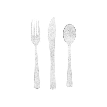 Pack of 18 Silver Glitter Assorted Plastic Cutlery