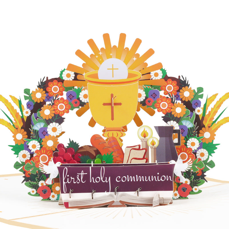 Religious Symbols & Floral First 3D Pop Up Holy Communion Card