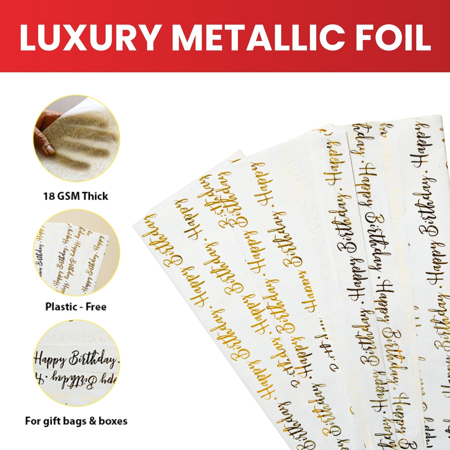 6 x Pack of 10 Happy Birthday Script Luxury Gold Metallic Plastic-Free 18gsm Tissue Paper Sheets 50x70cm - Patterned Tissue Paper for Xmas, New Year, Party, Wedding, Birthday Packing Present Gift Box DIY Art Crafts