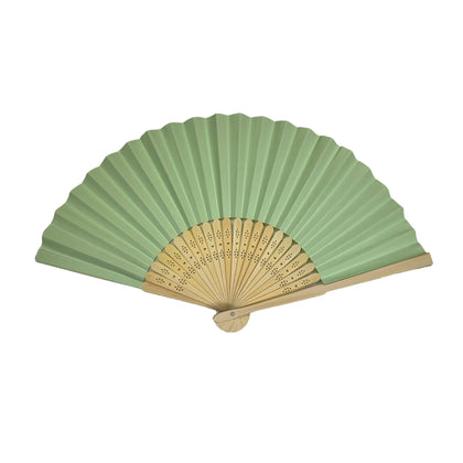 Light Green Paper Foldable Hand Held Bamboo Wooden Fan by Parev