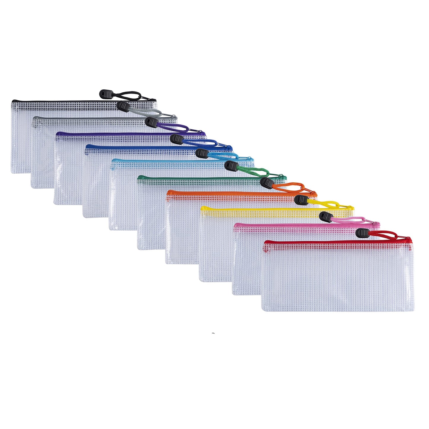 Pack of 10 DL Assorted PVC Mesh Coloured Zip Bags