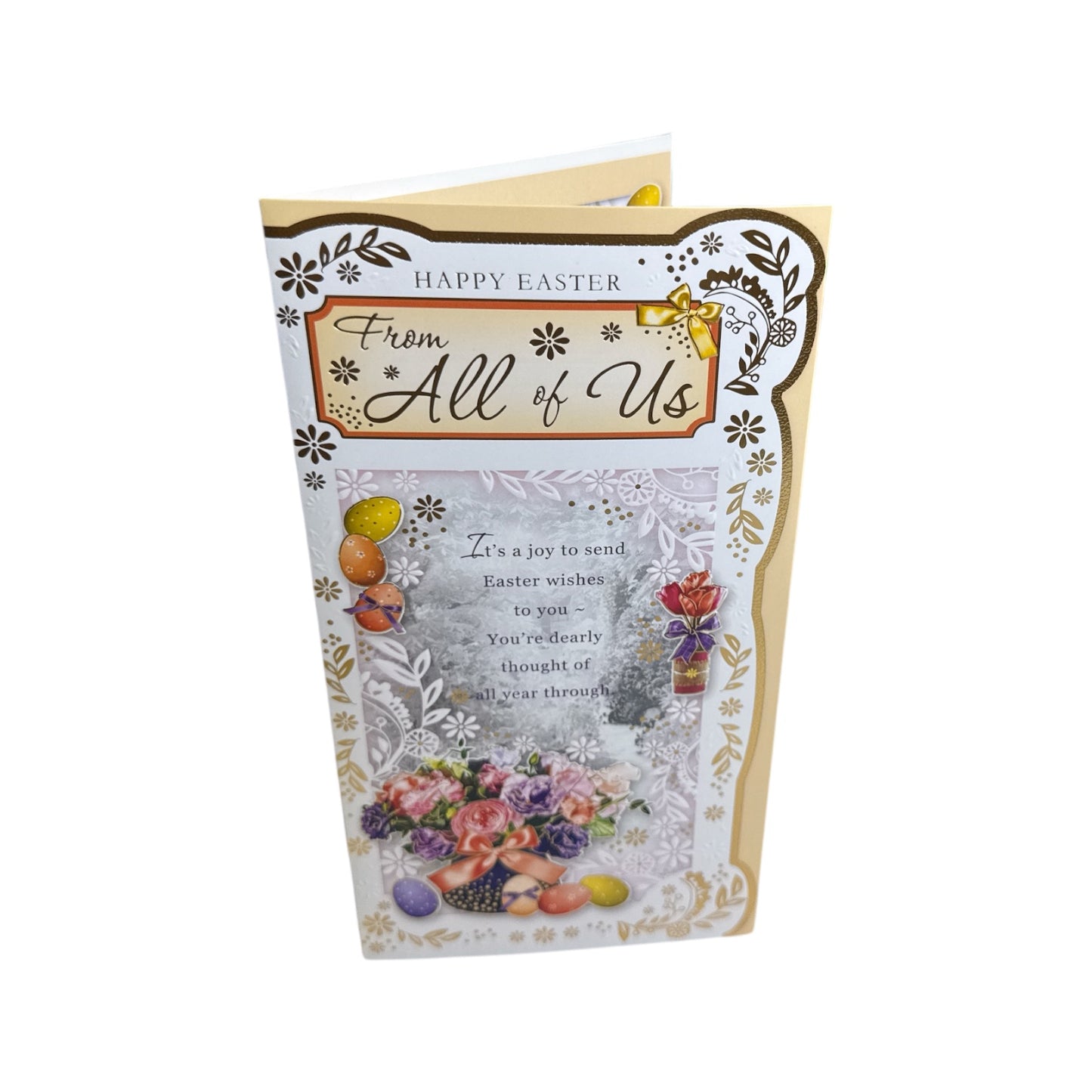 From All Of Us Spring Flower Basket with Eggs Design Easter Card