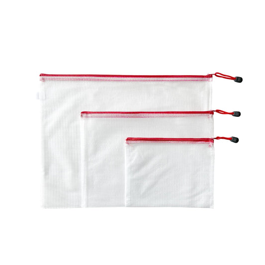 Pack of 3 Red Zip Assorted Sizes Strong Mesh Bags - A3, A4, A5 - Tough Waterproof Storage