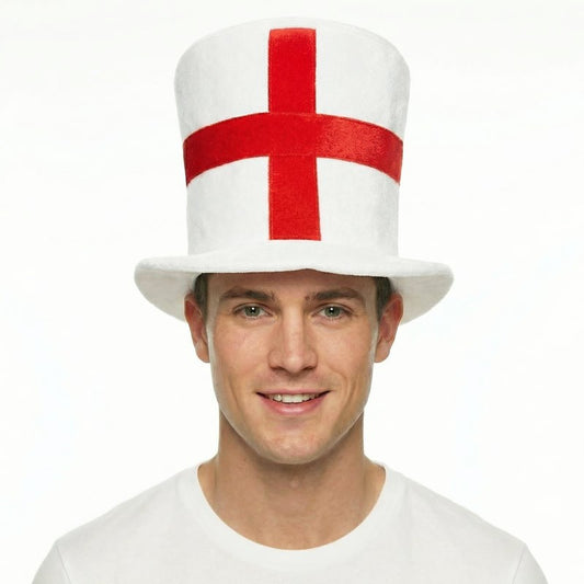 England St. George’s Cross Top Hat - White Red Cross Fancy Dress Party Accessory for Football Sports Events Celebrations Costume