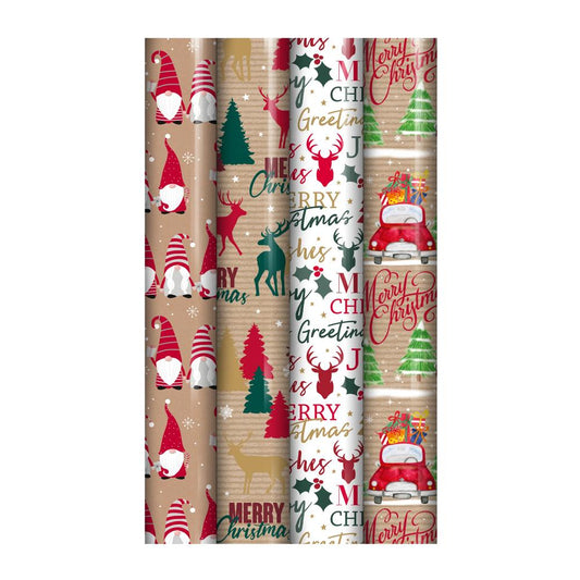 Single 4m Sim Kraft Christmas Design Gift Wrap Roll