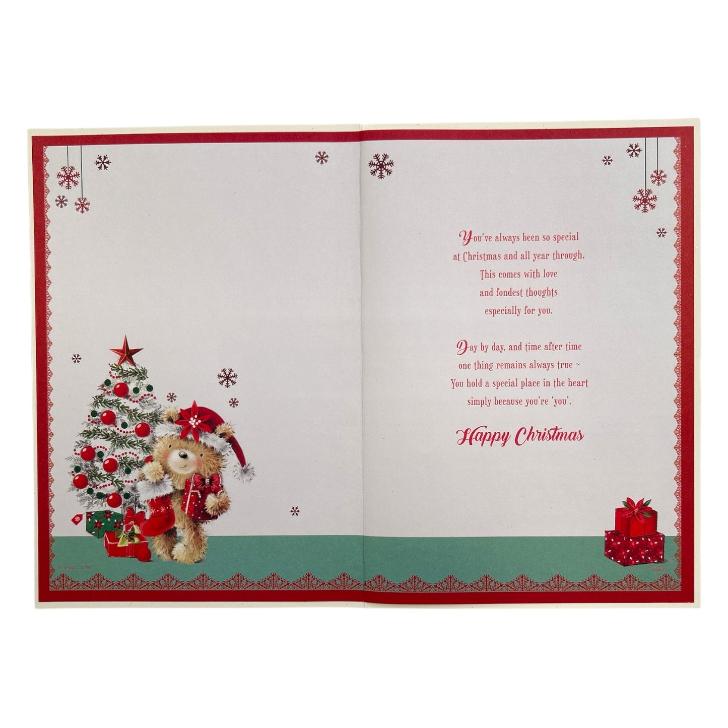 To a Special Friend Teddy With Stocking and Gift Design Christmas Card