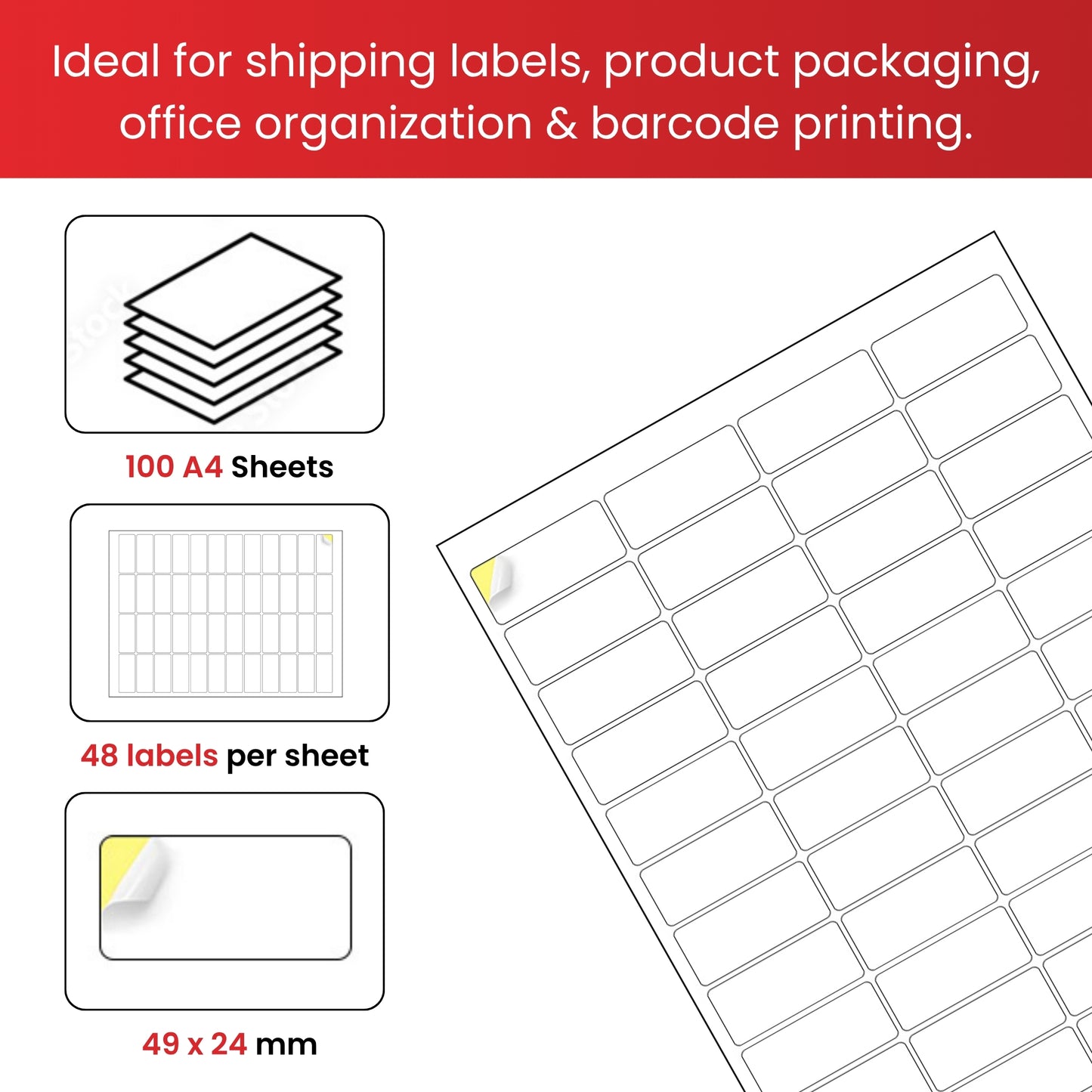 Pack of 4800 White 49x24mm Self Adhesive Labels (48 Labels per A4 Sheet)