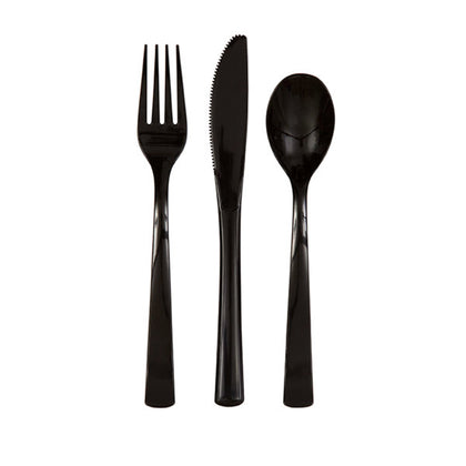Pack of 18 Midnight Black Solid Assorted Plastic Cutlery