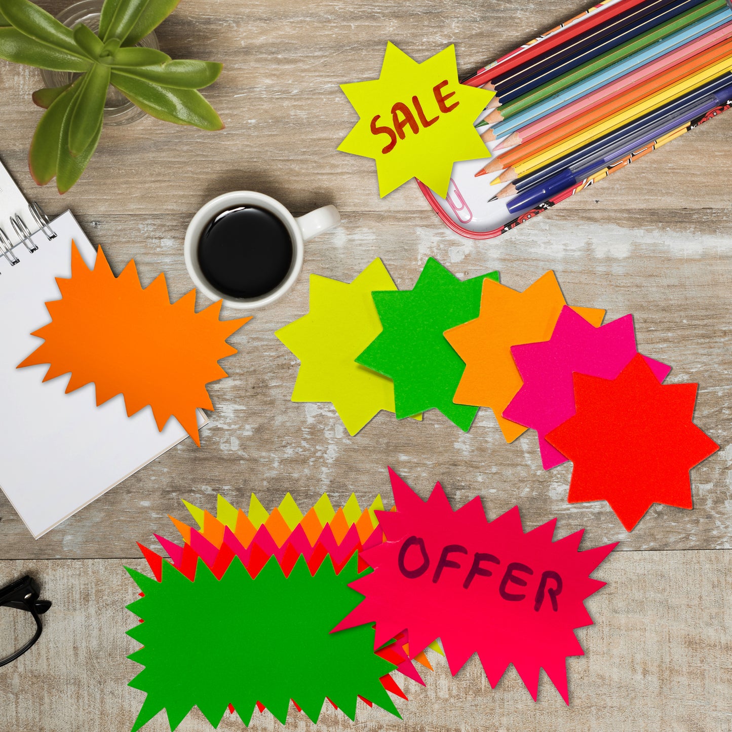 Pack of 120 Assorted Coloured Neon Fluorescent Stars 150 x 100mm