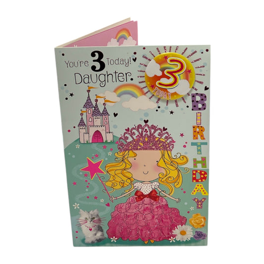 Daughter Age 3 Princess With Magic Wand Juvenile Birthday Card With Badge