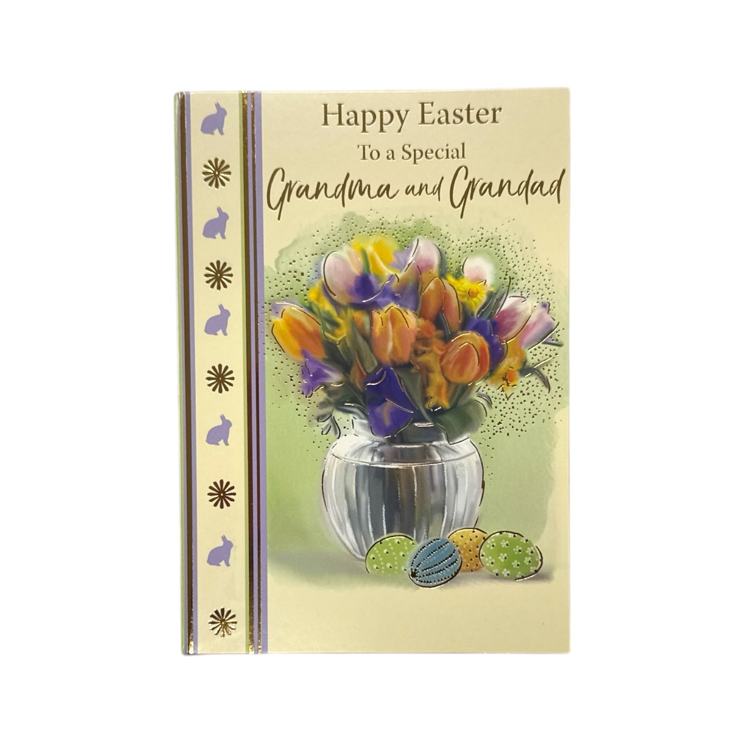 For Grandma And Grandad Flower Pot And Colourful Eggs Design Easter Card