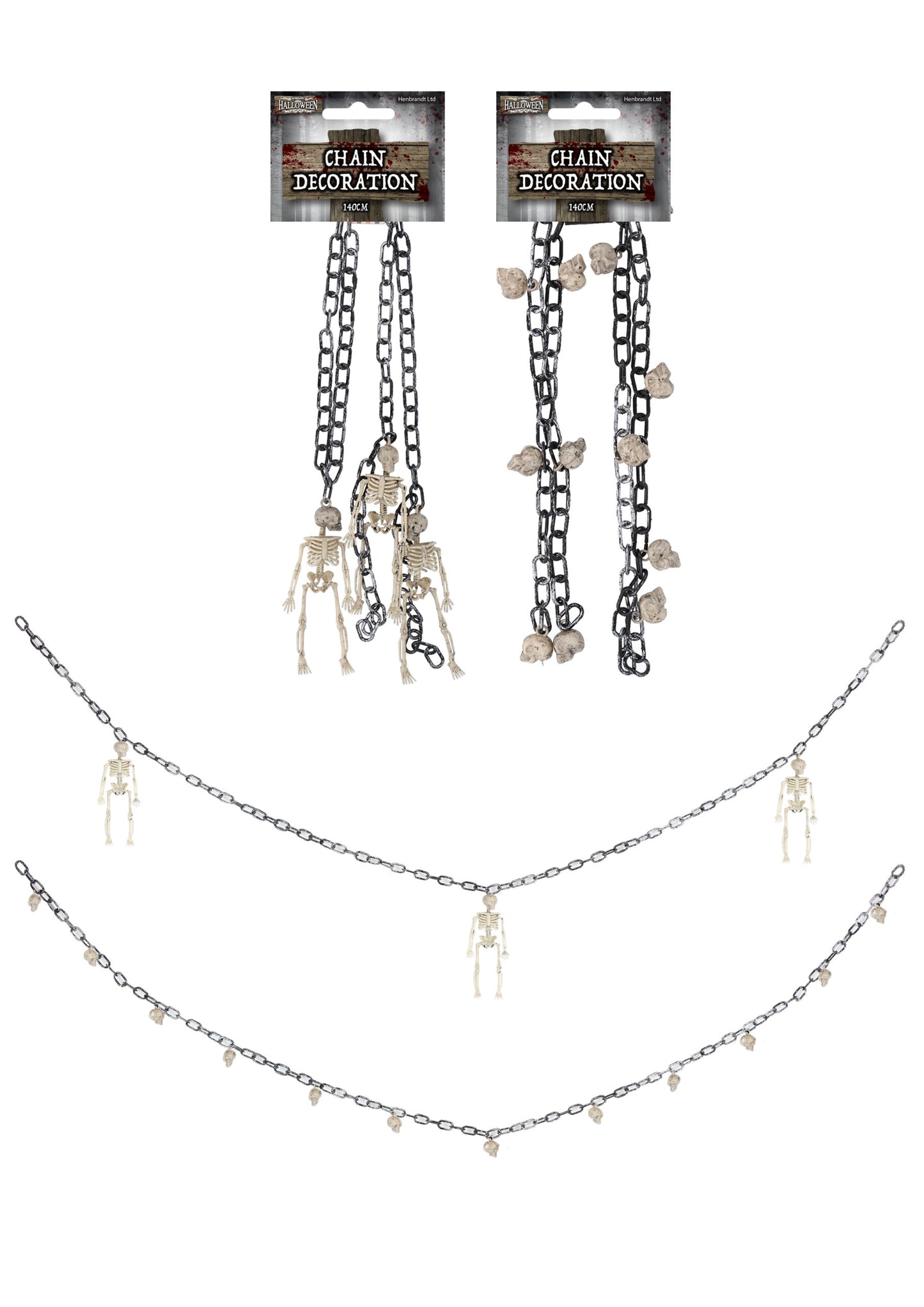Pack of 3 Halloween Chain Decoration with Hanging Skeletons or Skulls (140cm)