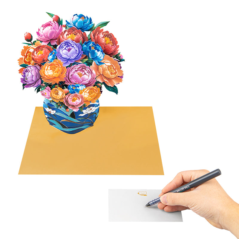 Colorful Grace Peony Bouquet in Blue Vase 3D Pop Up Card