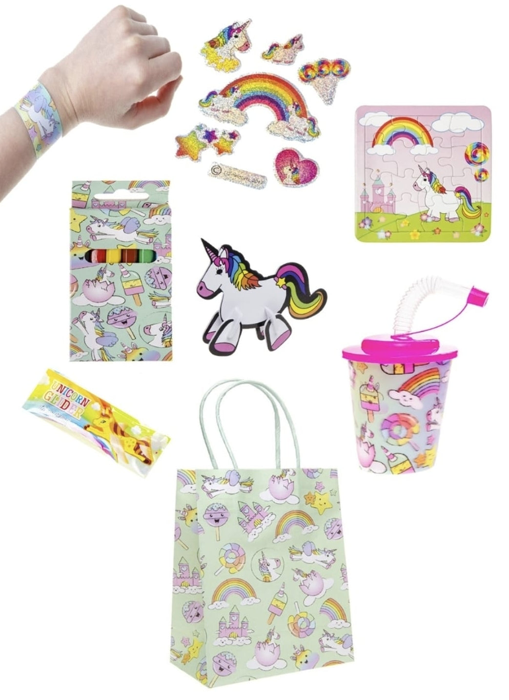 Pack of 10 Pre Filled Unicorn Theme Kids Party Favour Bags – Gift Bags with Reusable Cup & Themed Toys