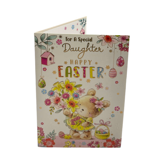 For A Special Daughter Teddy With Bunch Of Flower Design Easter Card