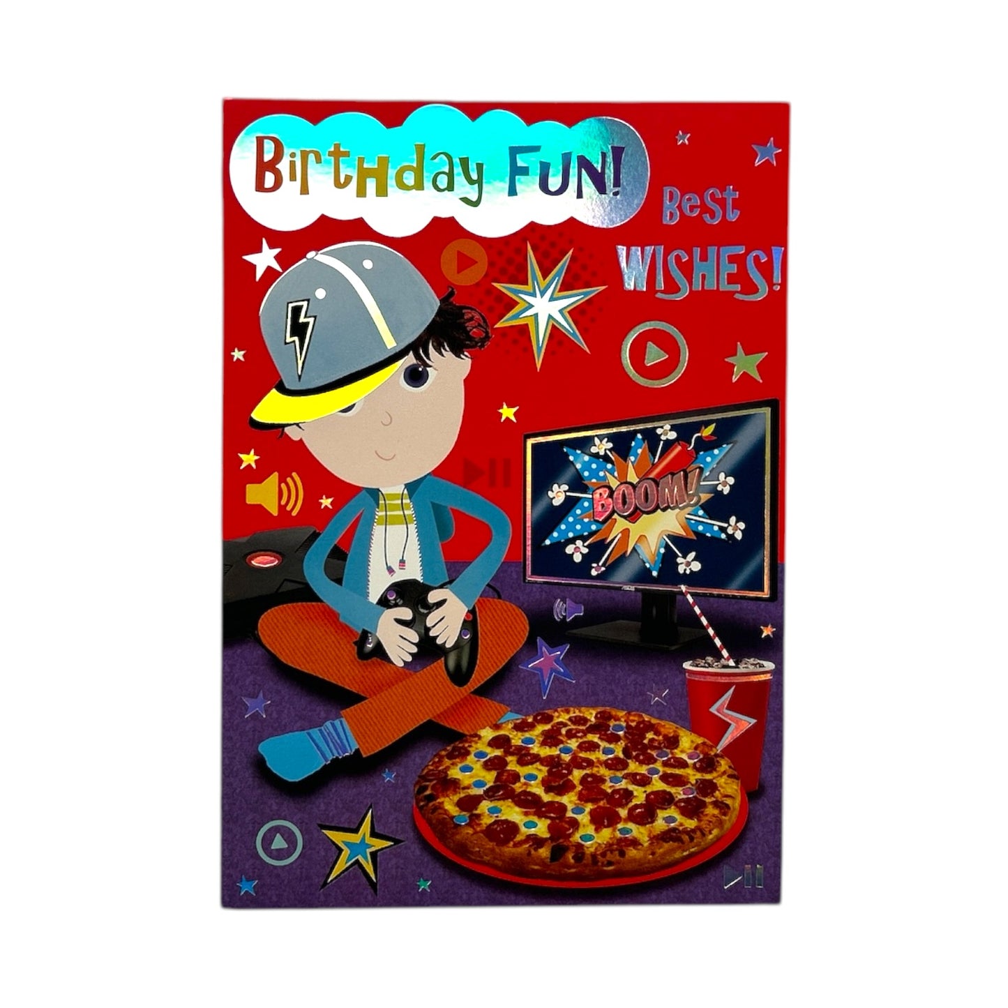 Open Male Juvenile Trendy Pops Boy Playing Game Design Birthday Card