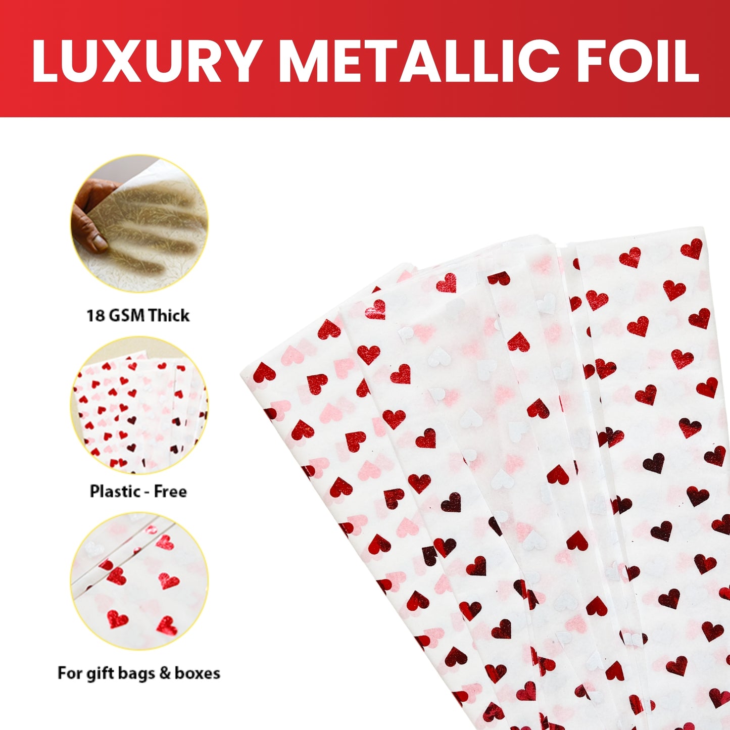 20 x Pack of 10 Valentine Hearts Red Luxury Metallic Plastic-Free 18gsm Tissue Paper Sheets 50x70cm - Patterned Tissue Paper for Xmas, New Year, Party, Wedding, Birthday Packing Present Gift Box DIY Art Crafts