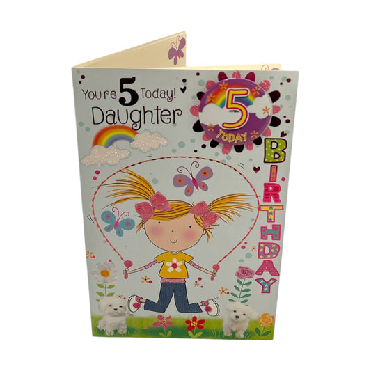 To Daughter Age 05 Girl Skipping Juvenile Birthday Card With Badge