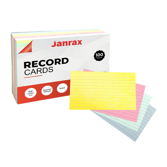 Pack of 100 Assorted Colour Ruled 5x3" Record Cards – Lined Study Index Cards for Notes, Revision