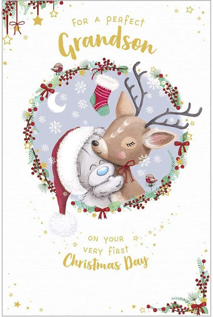 Bear Hugging Reindeer Grandson 1st Christmas Card