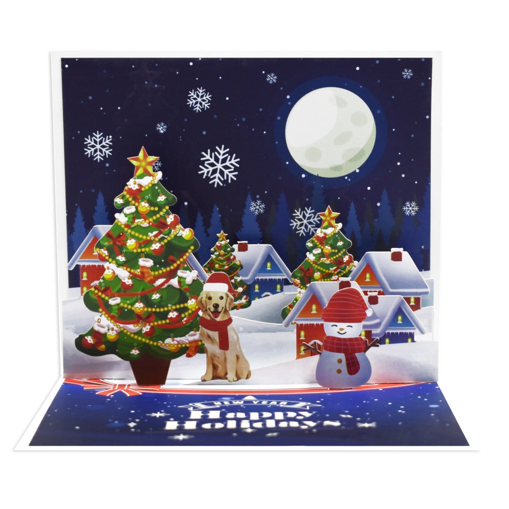 Snowy Night Scene Happy Holidays & New Year 3D Pop Up Christmas Card